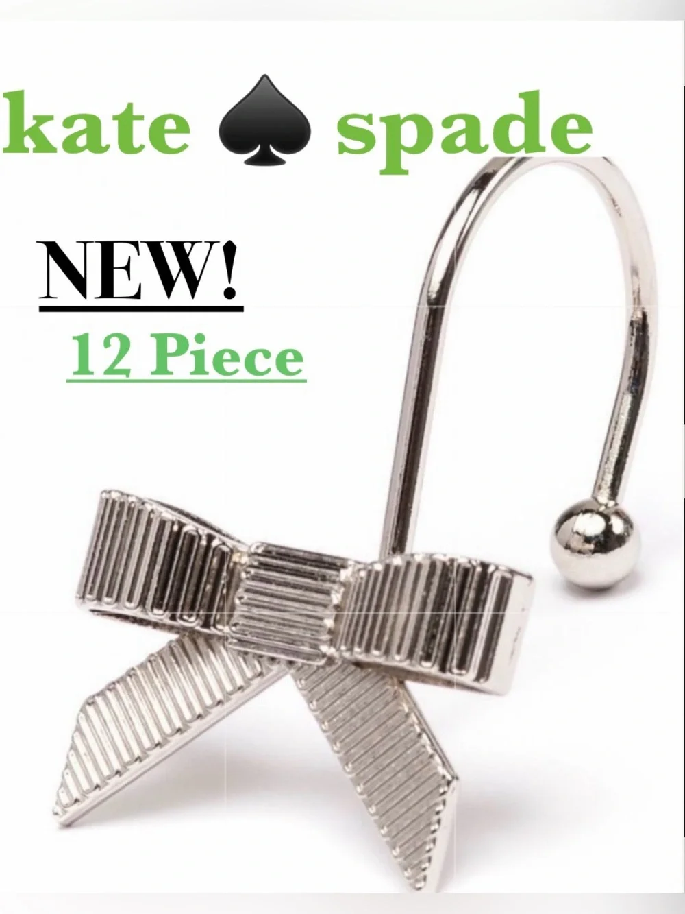NEW in BOX ♠️ kate spade 12 Silver Grosgrain Bow Shower Curtain Hooks Curtains